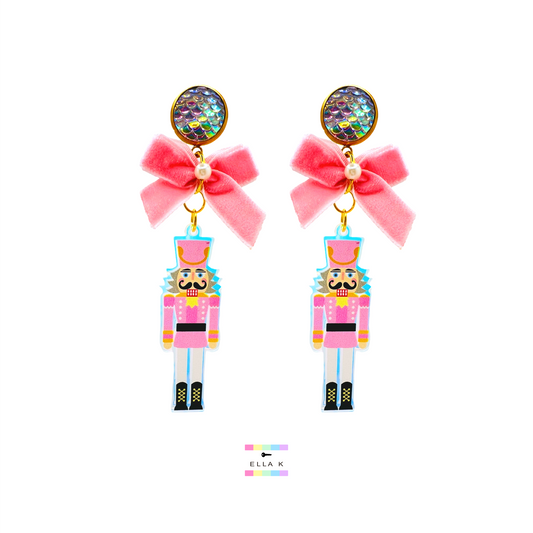 Pastel Pink Iridescent Nutcracker Christmas Earrings