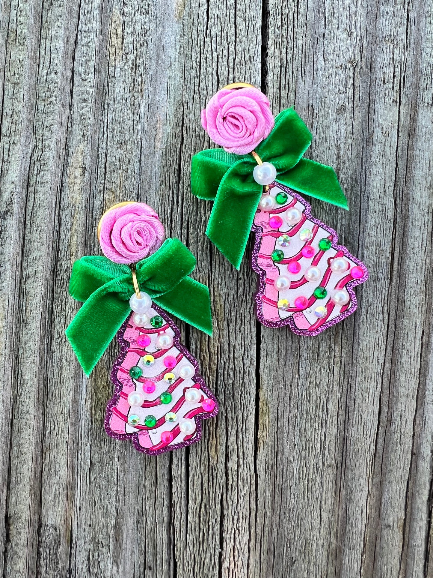 Rosette Coquette Bow Christmas Tree Earrings