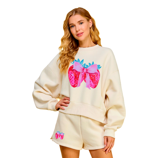 Strawberry Coquette Bow Watercolor Sweatshirt & Shorts Set