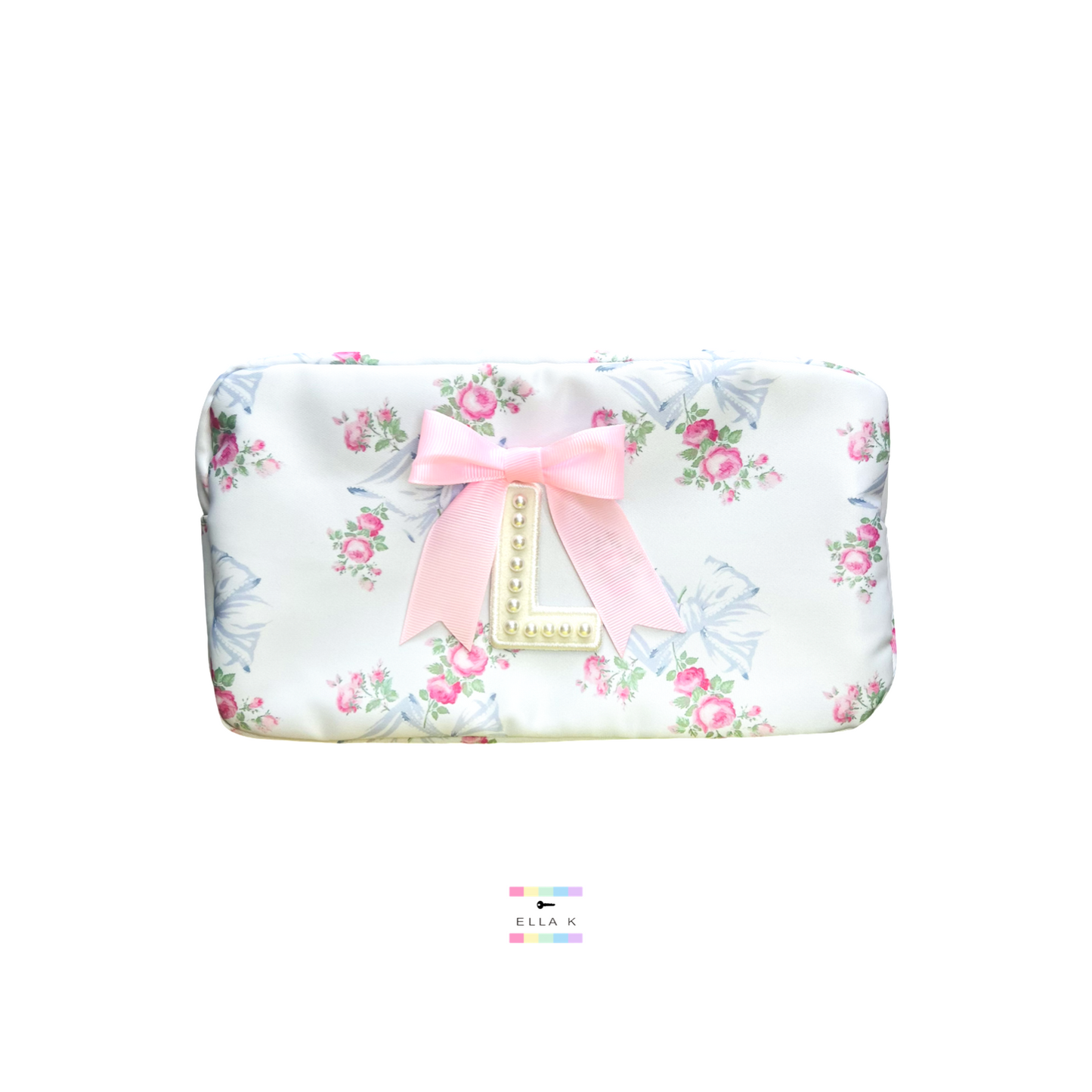 Custom Pearl Letter Coquette Bow Rose Floral Makeup Bag