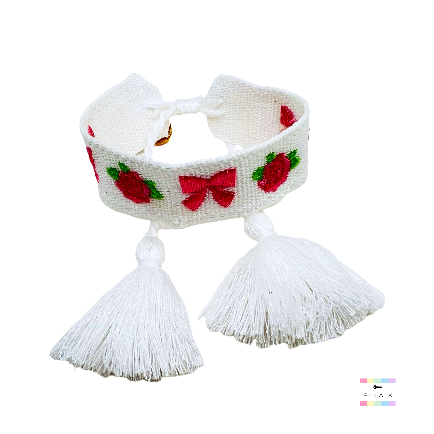 Embroidered Roses & Coquette Bow Woven Tassel Bracelet