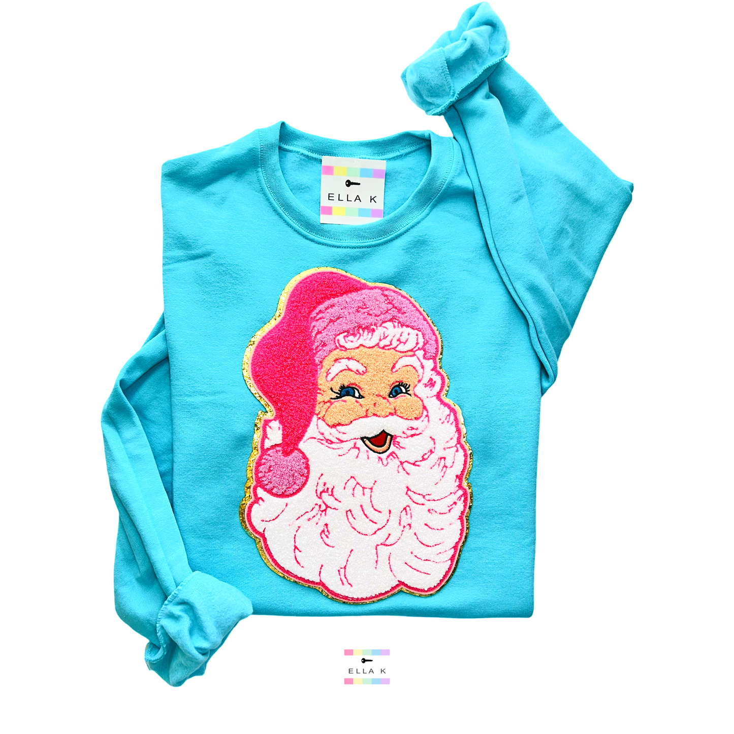 Preppy Pink Chenille Santa Sweatshirt - Scuba Blue