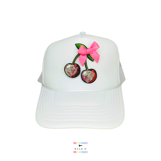 Coquette Bow & Sequin Cherrries White Trucker Hat