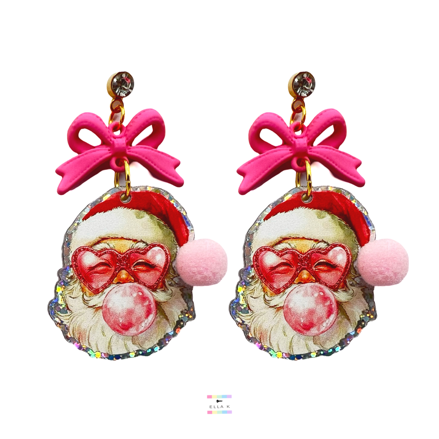 Bubble Gum Santa Coquette Bow Christmas Earrings