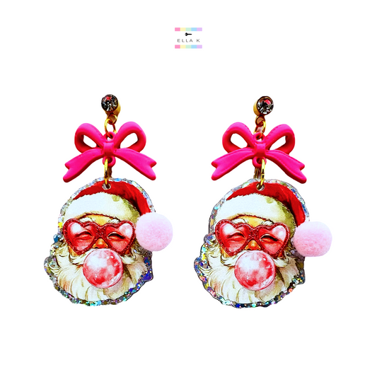 Bubble Gum Santa Coquette Bow Christmas Earrings