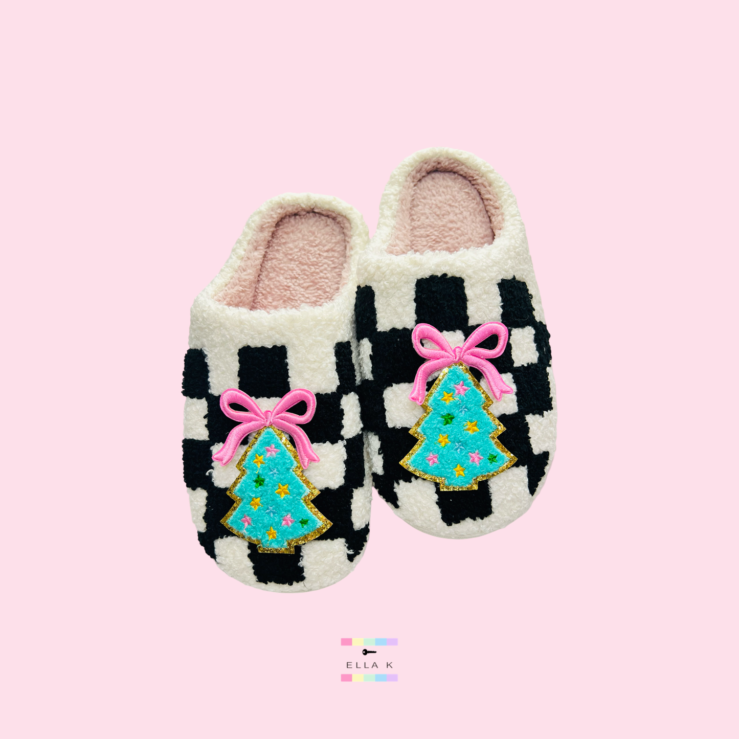 Christmas Tree Patch Coquette Bow Checkered House Slippers