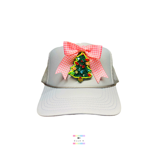 Beaded Christmas Tree Gingham Coquette Bow Trucker Hat