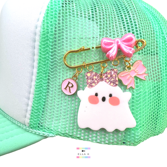 Cute Ghost Coquette Bow Custom Initial Trucker Hat Pin