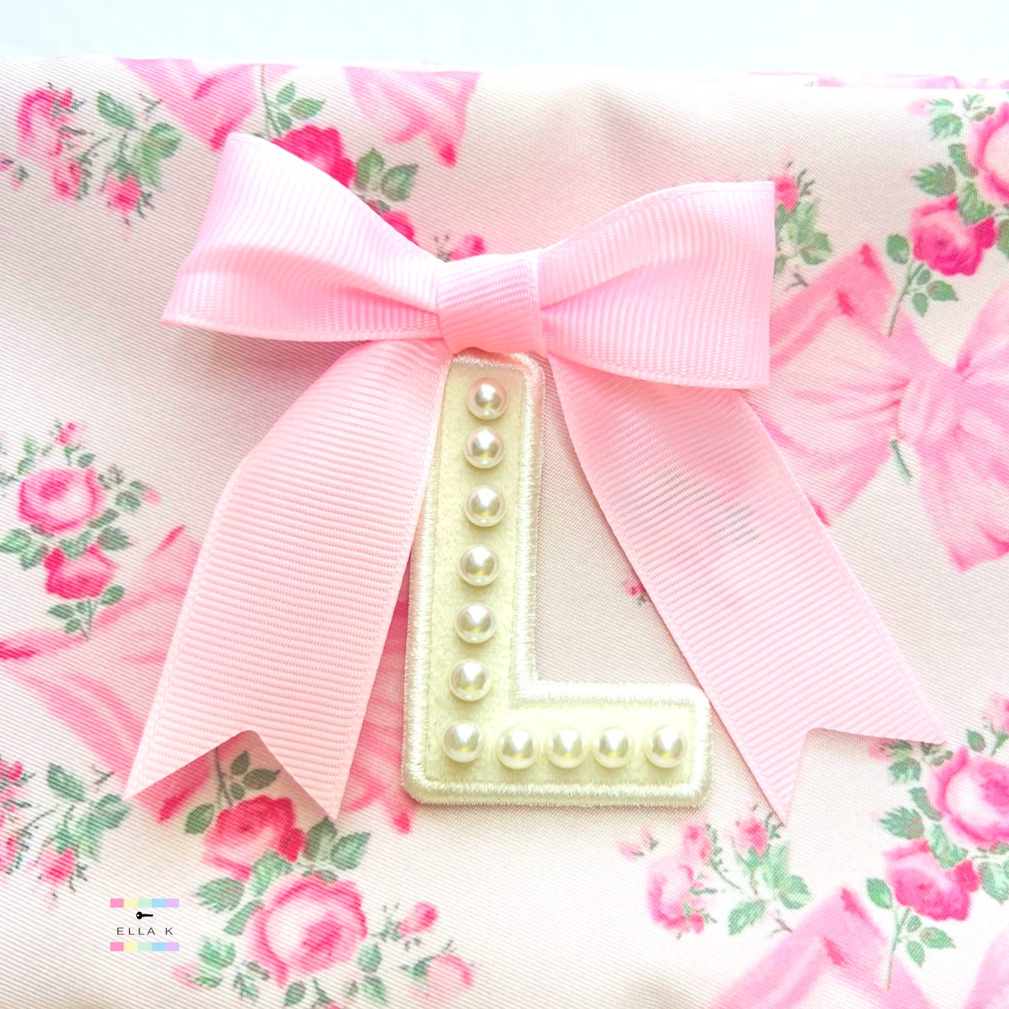 Custom Pearl Letter Coquette Bow Rose Floral Makeup Bag