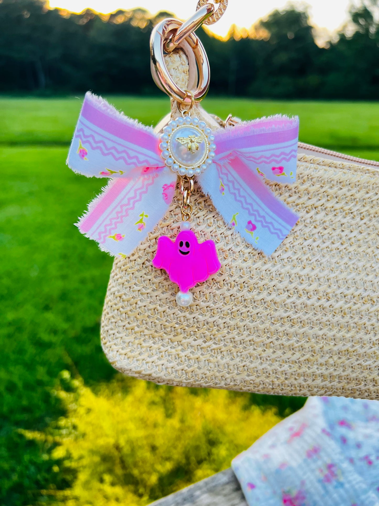 Pink Ghost Flora Luxe Coquette Bow Bag Charm