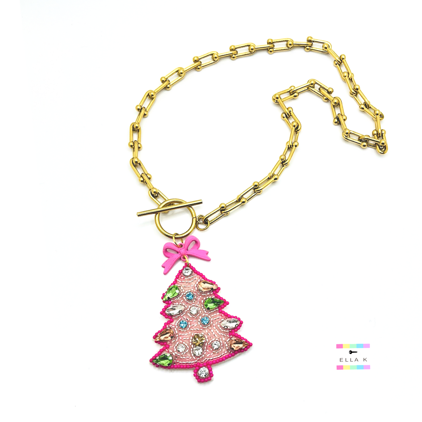 Pink Christmas Tree Horseshoe Chain  Necklace