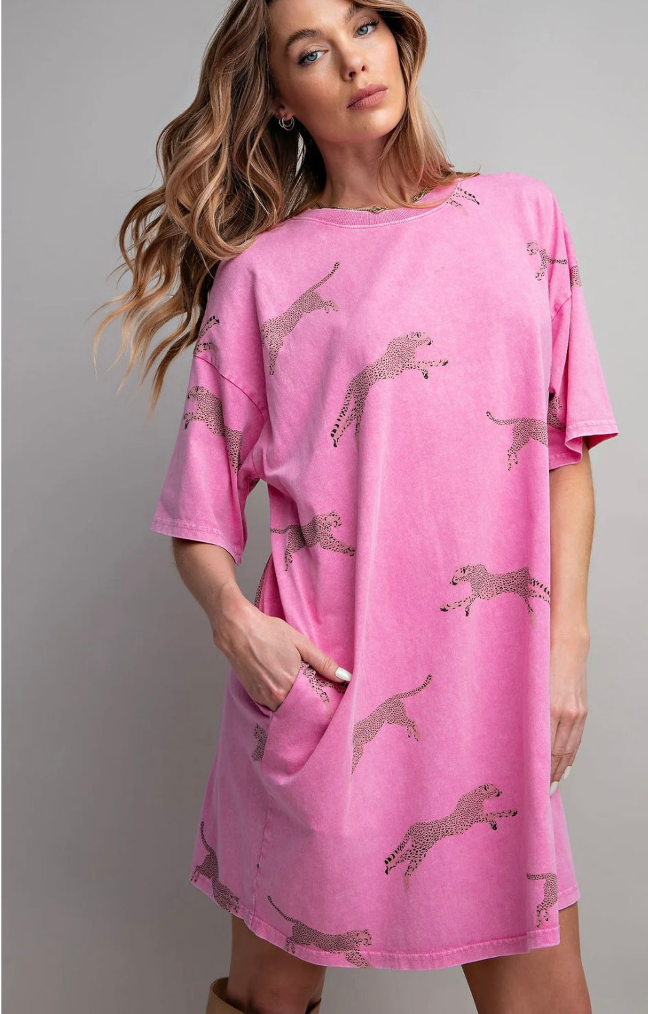 Easel Mineral Washed T-Shirt Dress Barbie Pink