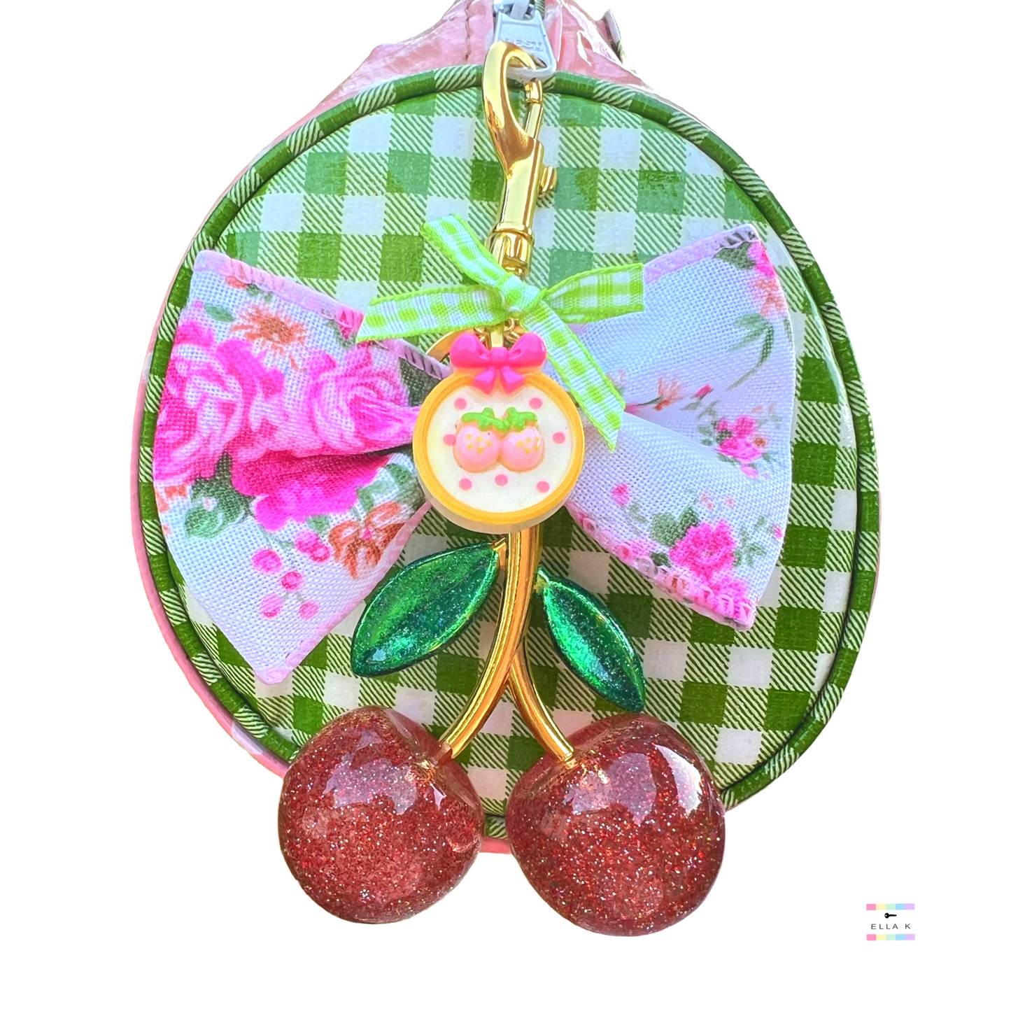 Pink Floral Coquette Bow Strawberry Button Cherry Bag Charm