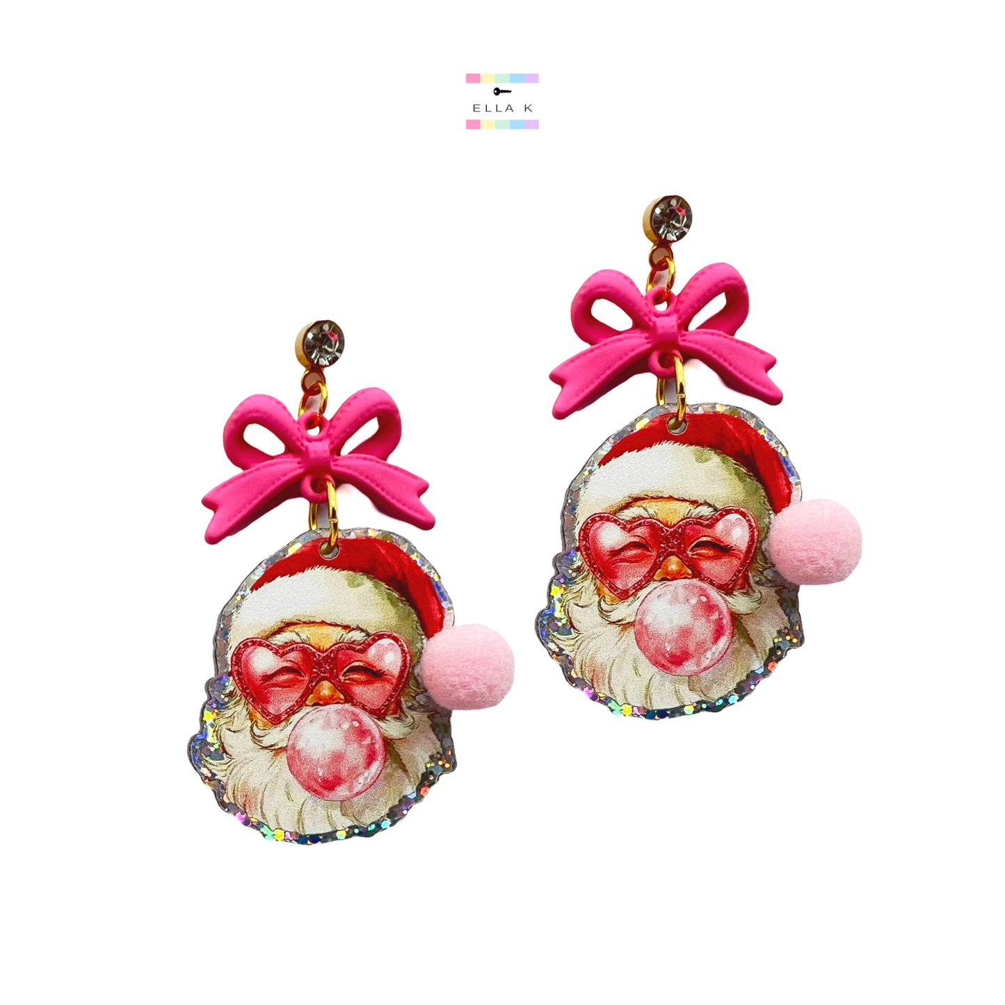 Bubble Gum Santa Coquette Bow Christmas Earrings