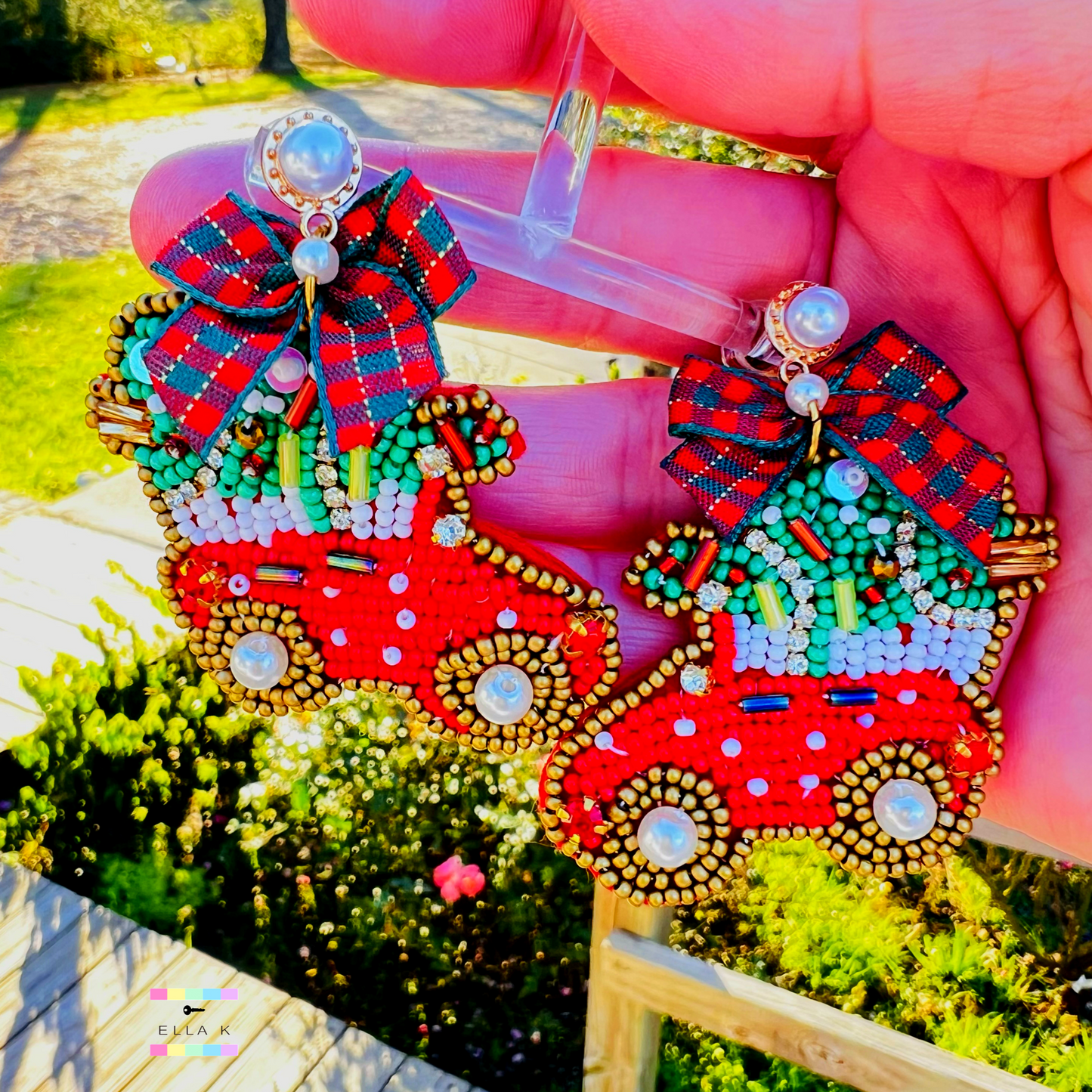 Coquette Bow Christmas Plaid Christmas Tree Car Vacation Earrings