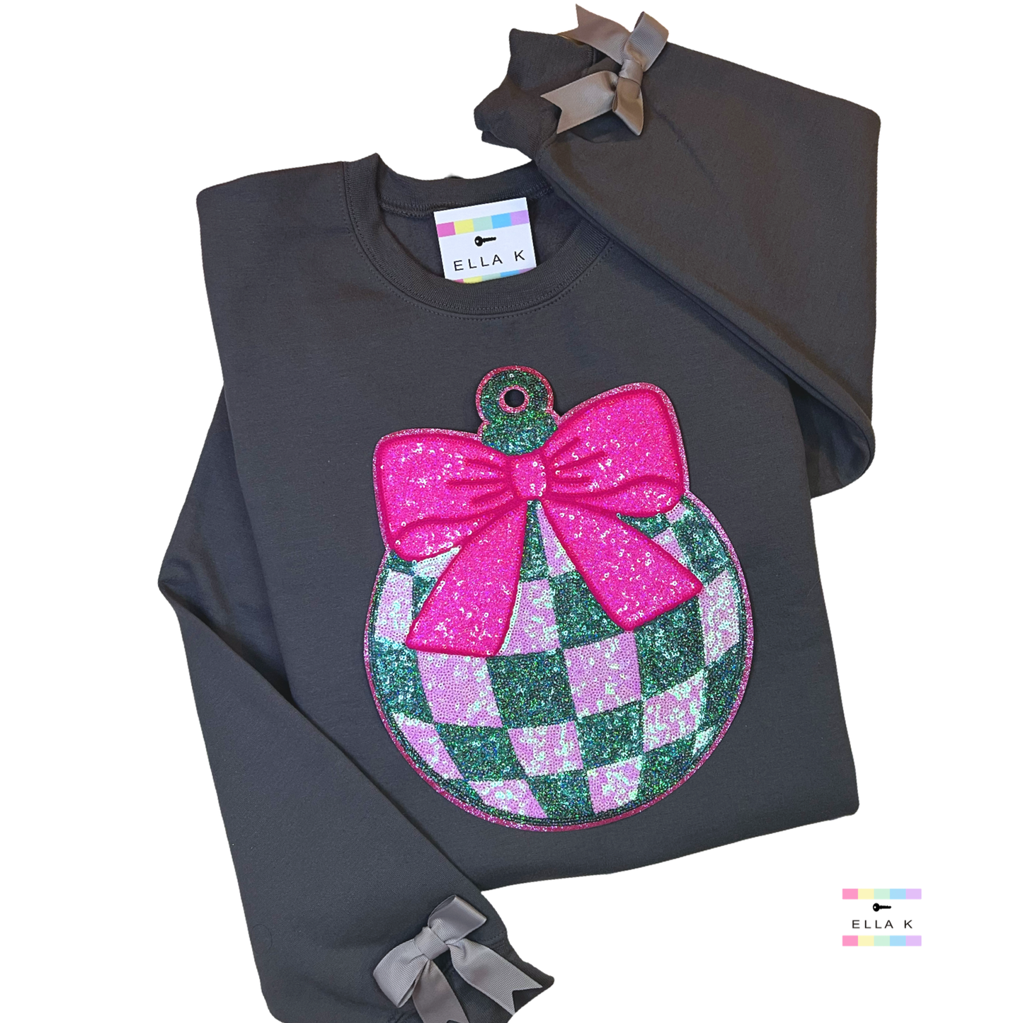 Coquette Bow Checkered Ornament Charcoal Christmas Sweatshirt