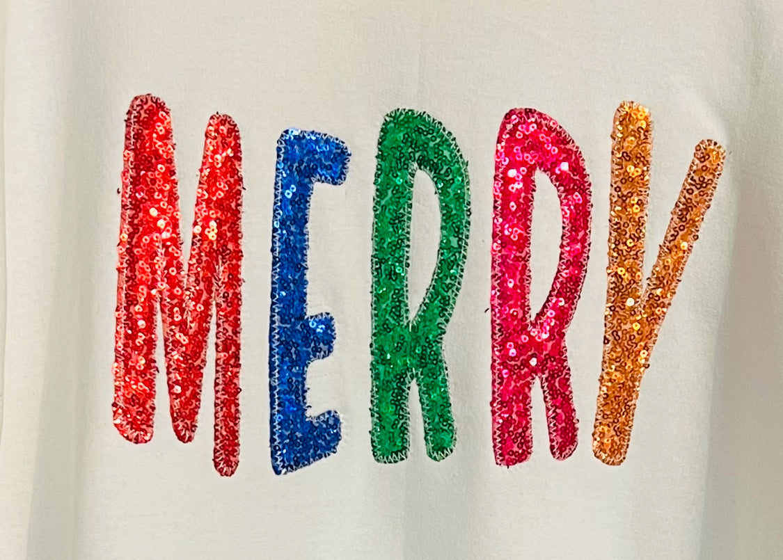 Sequin Embroidered “MERRY” Sweatshirt