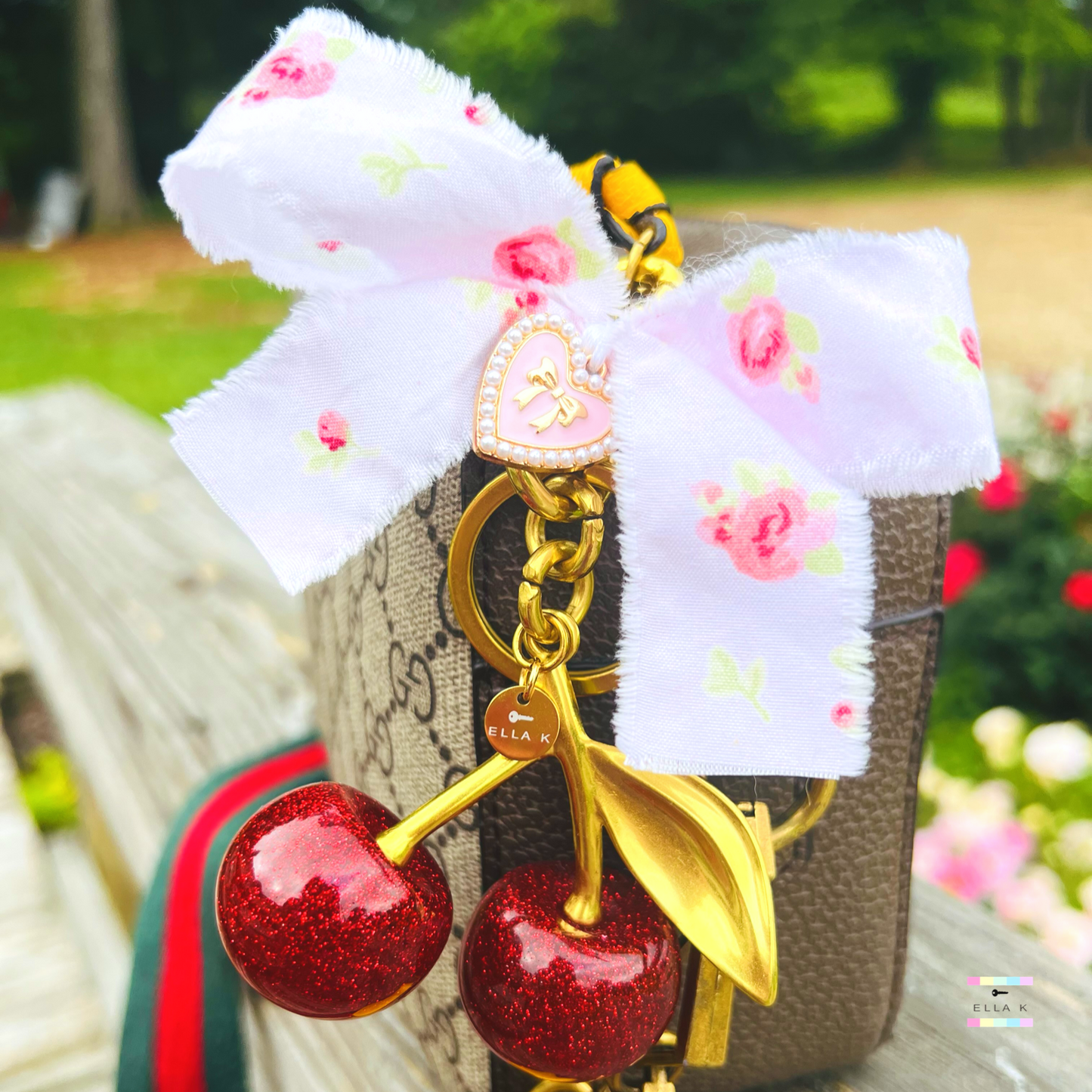 Handmade Floral Coquette Bow XL Cherry Bag Charm