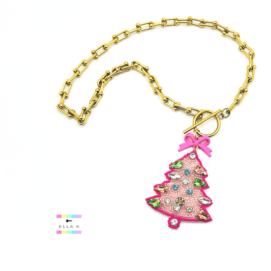 Pink Christmas Tree Horseshoe Chain  Necklace