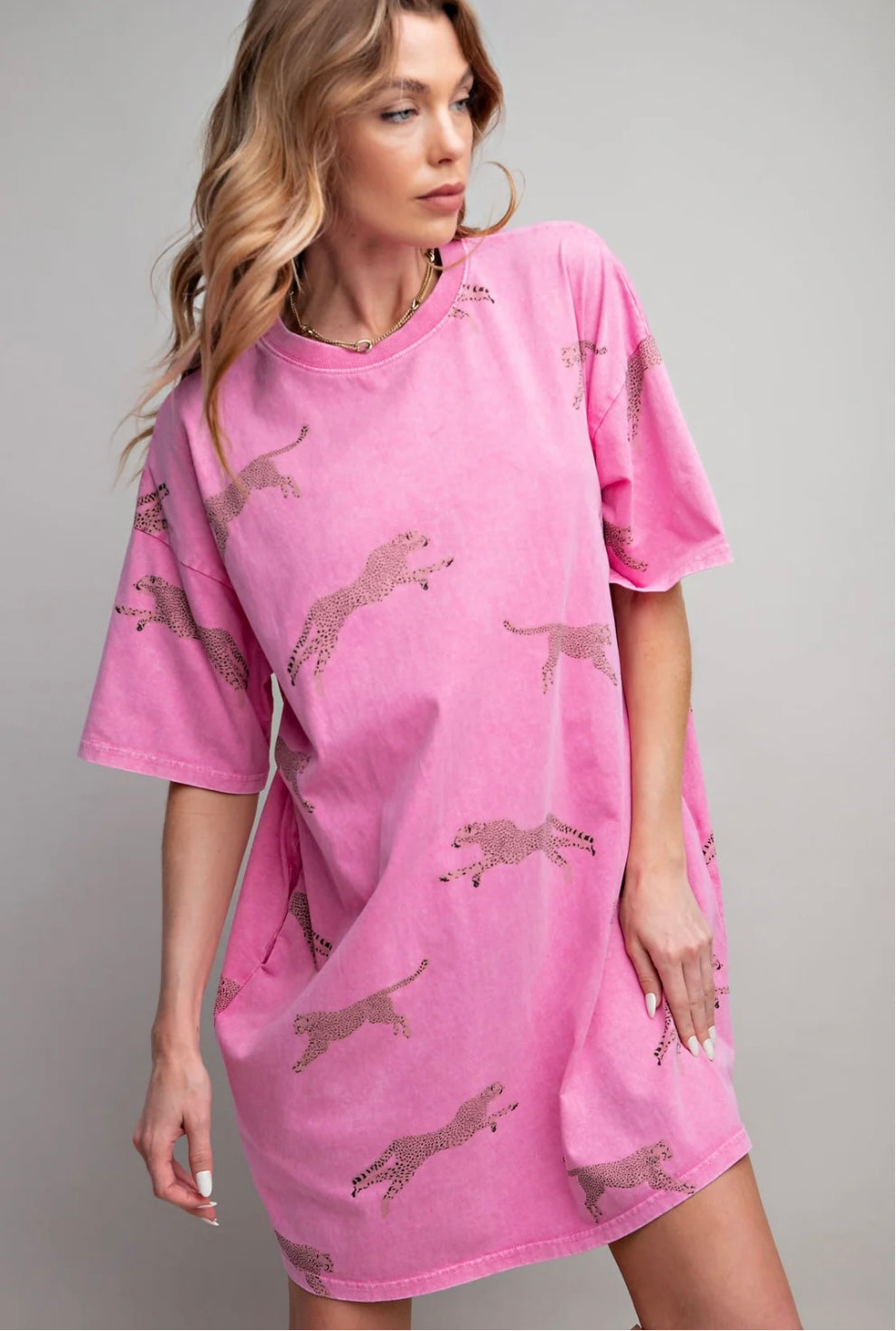 Easel Mineral Washed T-Shirt Dress Barbie Pink