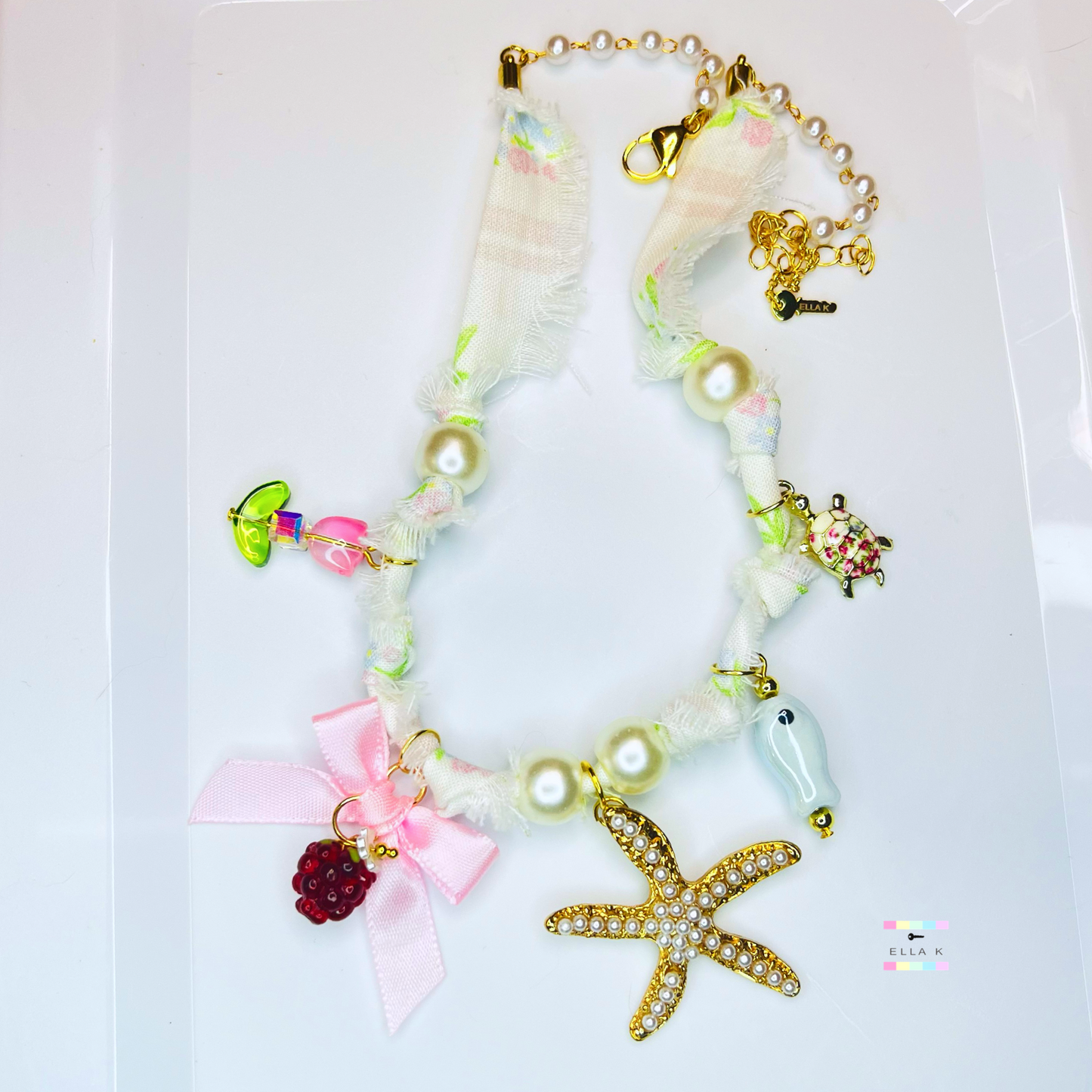 Coquette Garden Coastal Picnic Floral Fabric Charm Necklace