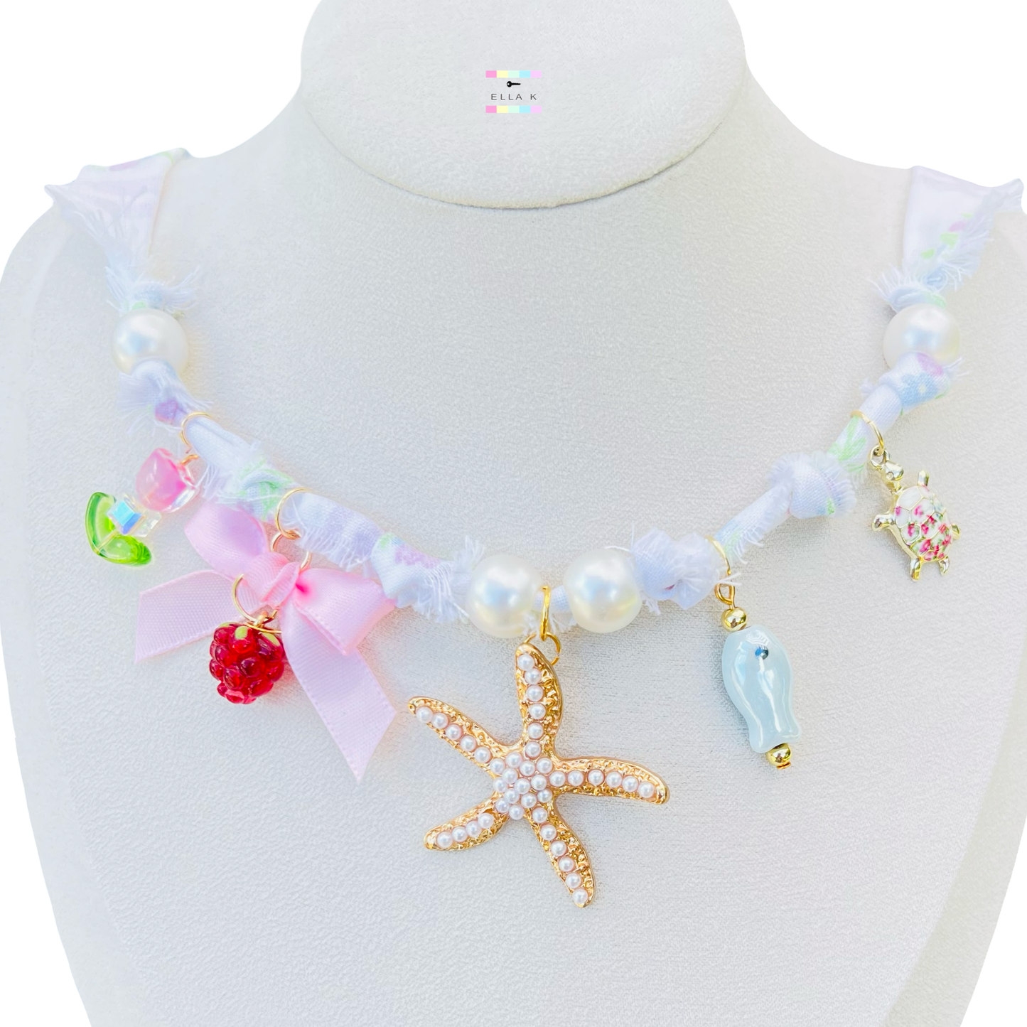Coquette Garden Coastal Picnic Floral Fabric Charm Necklace
