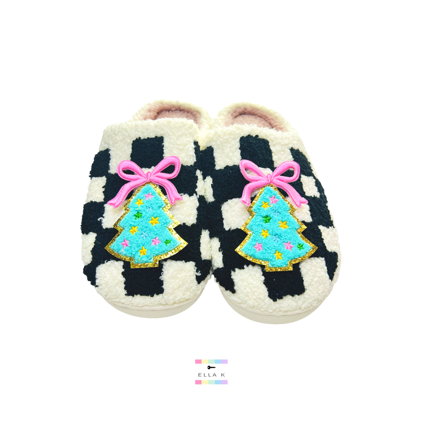 Christmas Tree Patch Coquette Bow Checkered House Slippers