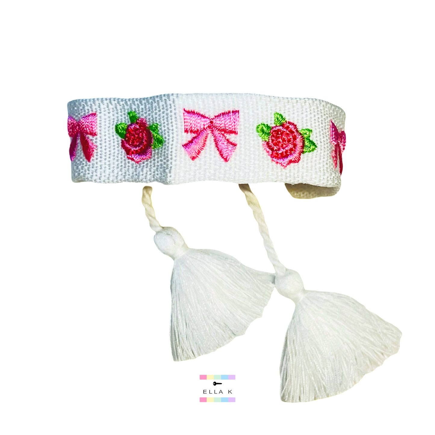 Embroidered Roses & Coquette Bow Woven Tassel Bracelet