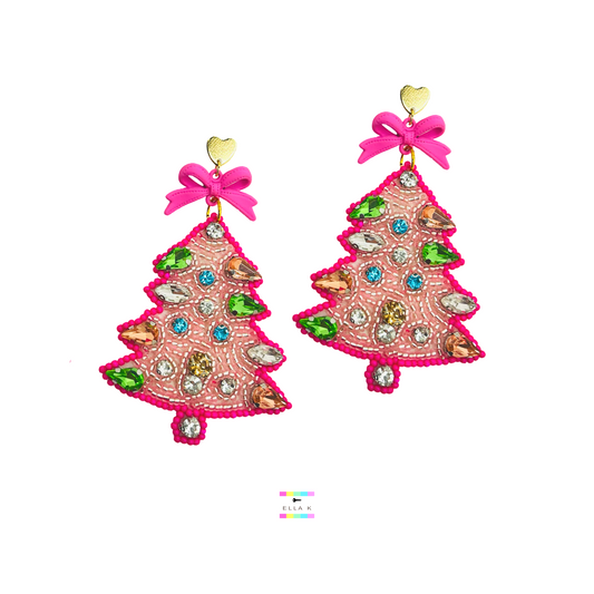 Pink Coquette Bow Christmas Tree Earrings