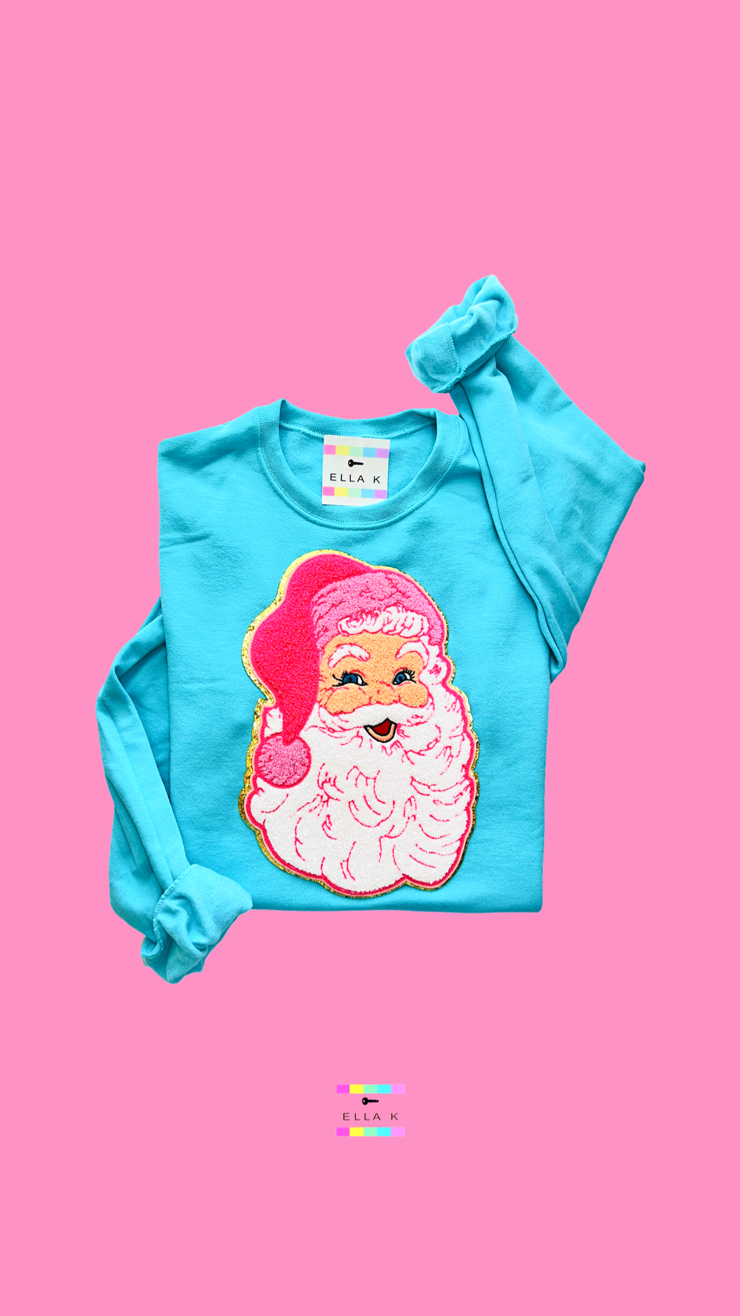 Preppy Pink Chenille Santa Sweatshirt - Scuba Blue