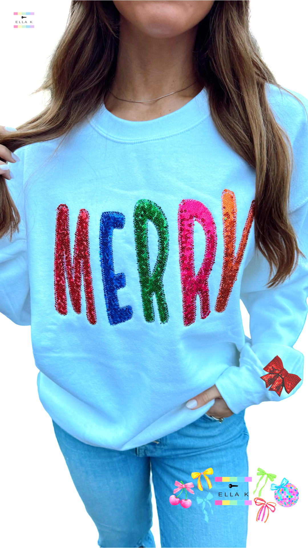 Sequin Embroidered “MERRY” Sweatshirt