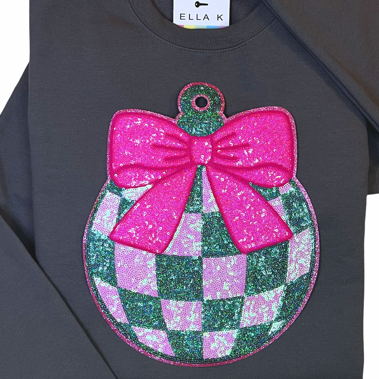 Coquette Bow Checkered Ornament Charcoal Christmas Sweatshirt