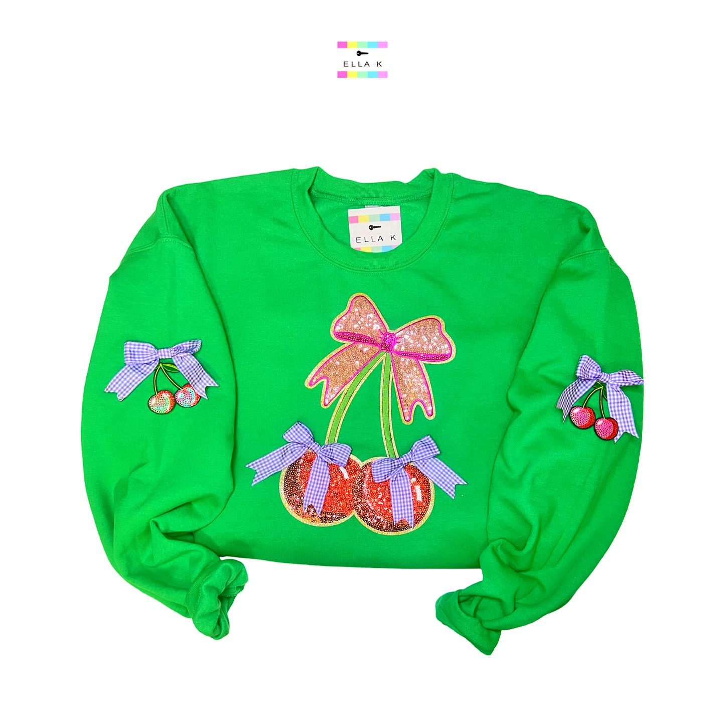 Sequin Coquette Bow Cherry Love Green Sweatshirt