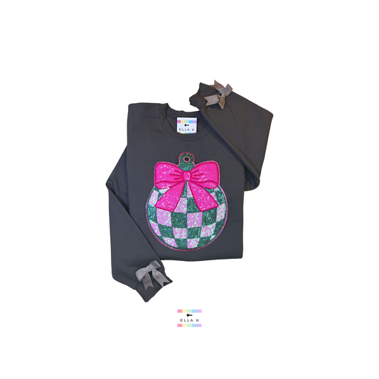 Coquette Bow Checkered Ornament Charcoal Christmas Sweatshirt