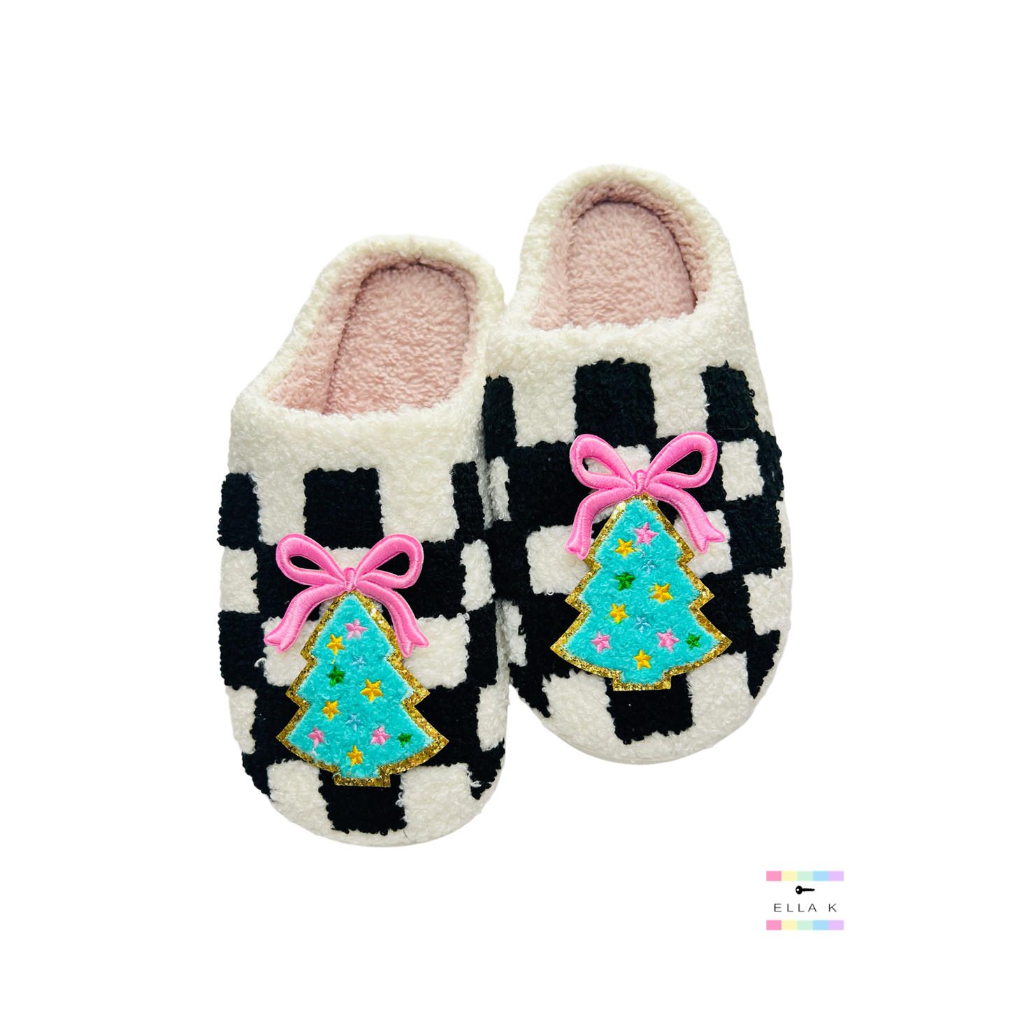Christmas Tree Patch Coquette Bow Checkered House Slippers