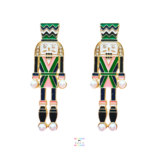 Green & Pink Enamel Nutcracker Christmas Earrings