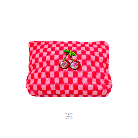 Pink Checkered Cherry Makeup Pouch